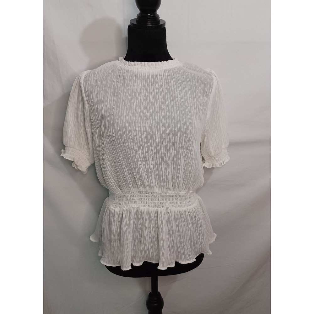 Women's Sweet Rain White Polka Dot Sheer Top w a small flaw faded dot Size M
